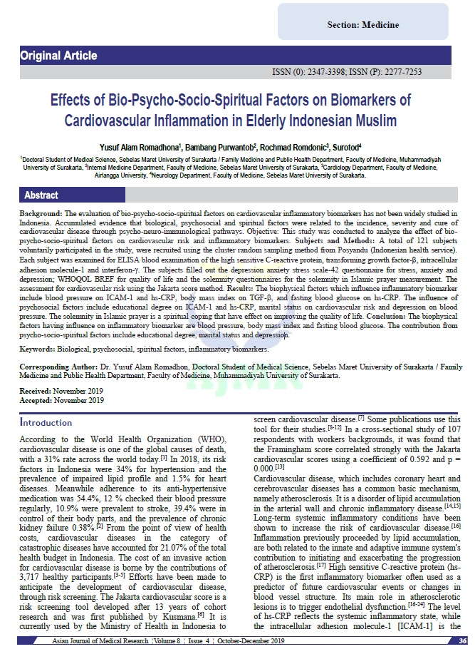 Effects of Bio-Psycho-Socio-Spiritual Factors on Biomarkers of Cardiovascular Inflammation in Elderly Indonesian Muslim