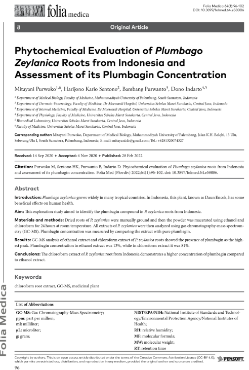 Phytochemical Evaluation of Plumbago<br>Zeylanica Roots from Indonesia and<br>Assessment of its Plumbagin Concentration