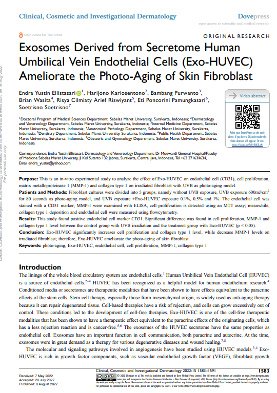 Exosomes Derived from Secretome Human<br>Umbilical Vein Endothelial Cells (Exo-HUVEC)<br>Ameliorate the Photo-Aging of Skin Fibroblast