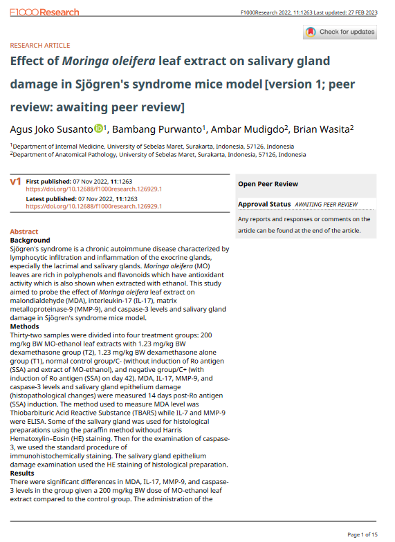 Effect of <em>Moringa oleifera</em> leaf extract on salivary gland damage in Sjögren's syndrome mice model