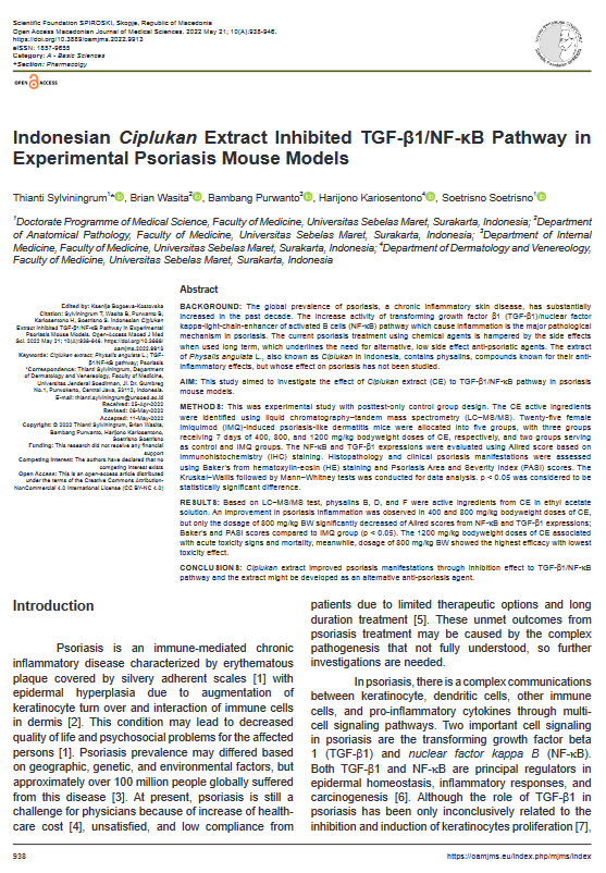 Indonesian Ciplukan Extract Inhibited TGF-β1/NF-κB Pathway inExperimental Psoriasis Mouse Models