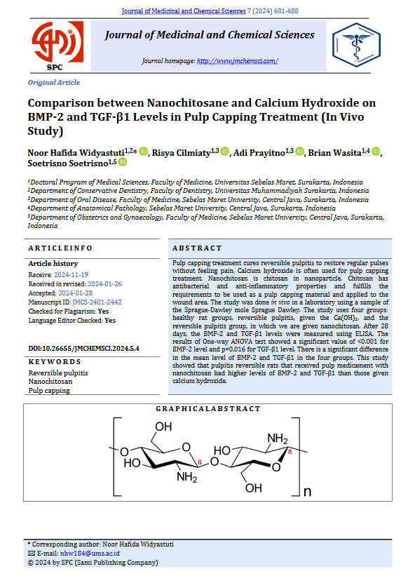Comparison between Nanochitosane and Calcium Hydroxide onBMP-2 and TGF-β1 Levels in Pulp Capping Treatment (In VivoStudy)