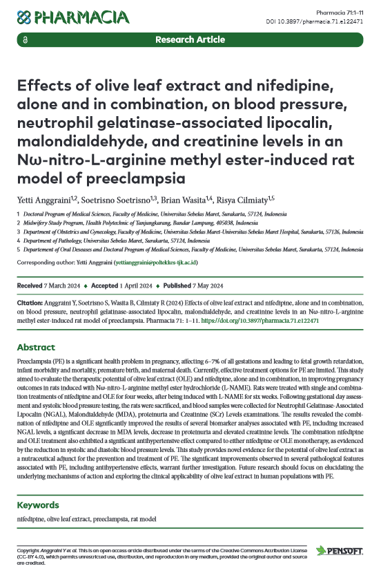 Effects of olive leaf extract and nifedipine,alone and in combination, on blood pressure,neutrophil gelatinase-associated lipocalin,malondialdehyde, and creatinine levels in anNω-nitro-L-arginine methyl ester-induced ratmodel of preeclampsia