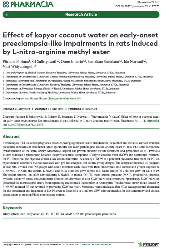 Effect of kopyor coconut water on early-onsetpreeclampsia-like impairments in rats inducedby L-nitro-arginine methyl ester