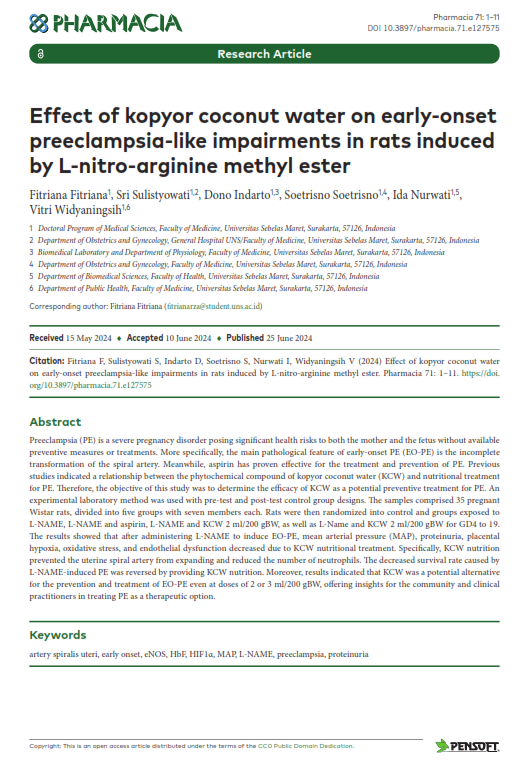 Effect of kopyor coconut water on early-onsetpreeclampsia-like impairments in rats inducedby L-nitro-arginine methyl ester