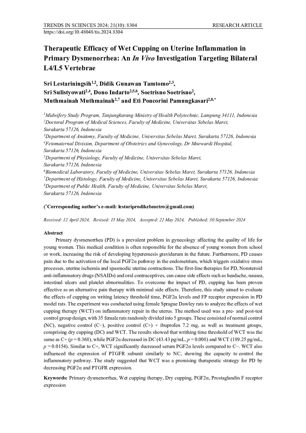 Therapeutic Efficacy of Wet Cupping on Uterine Inflammation inPrimary Dysmenorrhea: An In Vivo Investigation Targeting BilateralL4/L5 Vertebrae