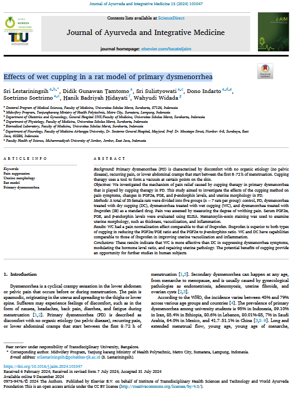 Effects of wet cupping in a rat model of primary dysmenorrhea