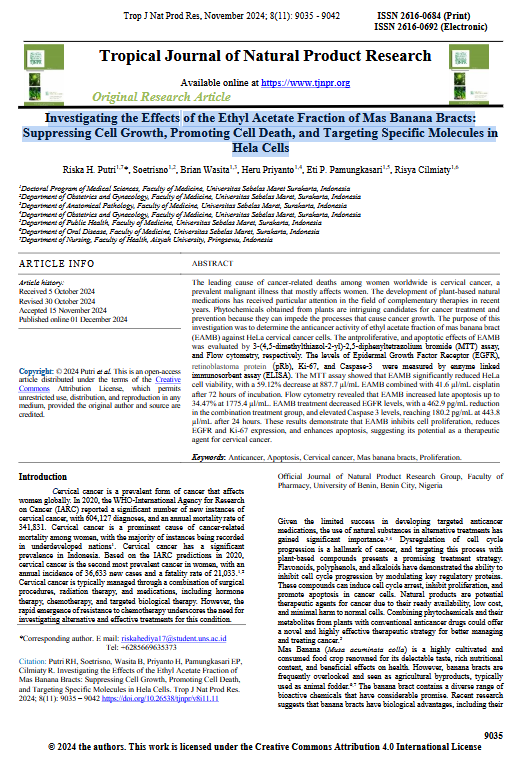 Investigating the Effects of the Ethyl Acetate Fraction of Mas Banana Bracts:Suppressing Cell Growth, Promoting Cell Death, and Targeting Specific Molecules inHela Cells