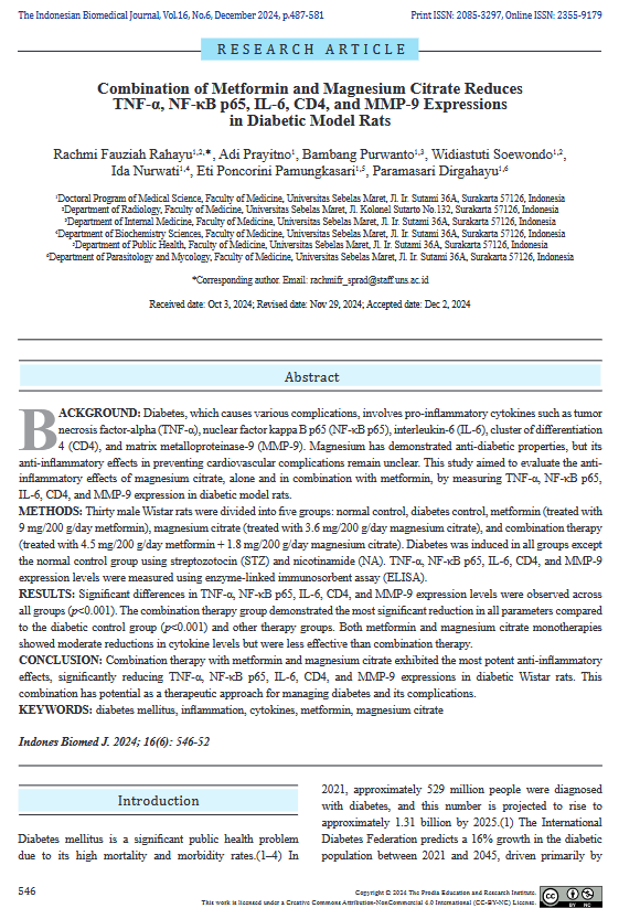 Combination of Metformin and Magnesium Citrate ReducesTNF-α, NF-κB p65, IL-6, CD4, and MMP-9 Expressionsin Diabetic Model Rats