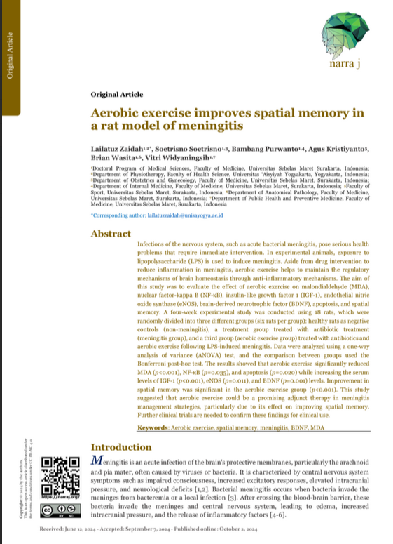 Aerobic exercise improves spatial memory ina rat model of meningitis