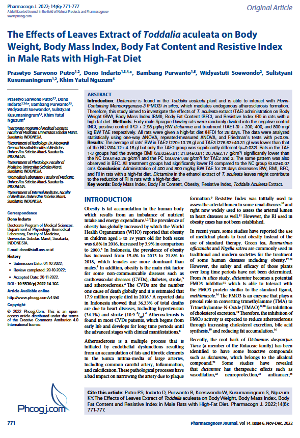 The Effects of Leaves Extract of Toddalia aculeata on Body Weight, Body Mass Index, Body Fat Content and Resistive Index in Male Rats with High-Fat Diet