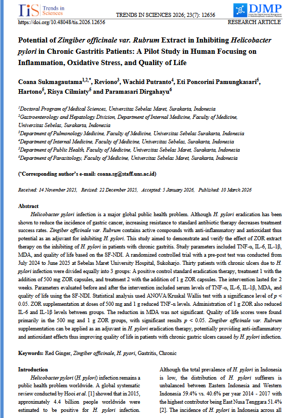 Potential of Zingiber officinale var. Rubrum Extract in Inhibiting Helicobacter pylori in Chronic Gastritis Patients: A Pilot Study in Human Focusing on Inflammation, Oxidative Stress, and Quality of Life