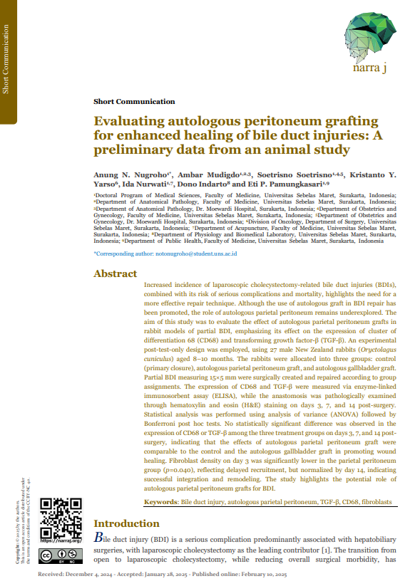 Evaluating autologous peritoneum grafting for enhanced healing of bile duct injuries: A preliminary data from an animal study