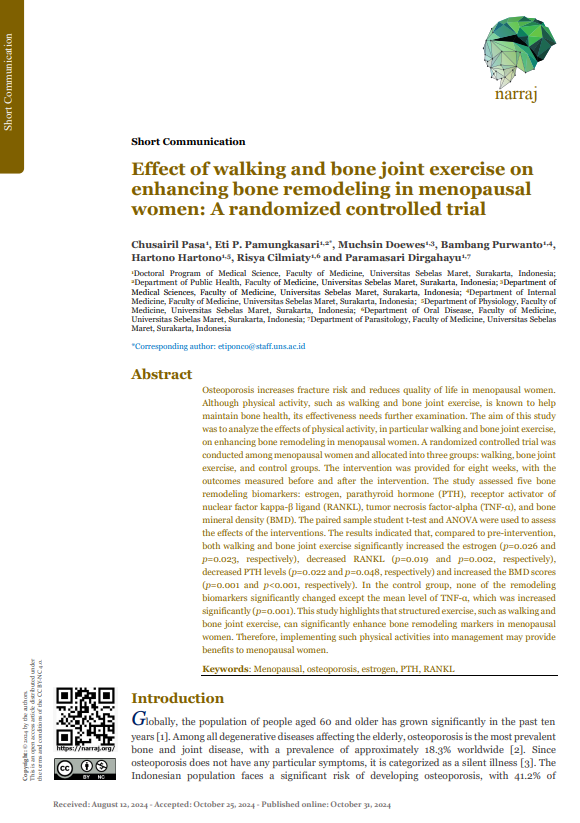 Effect of walking and bone joint exercise on enhancing bone remodeling in menopausal women: A randomized controlled trial