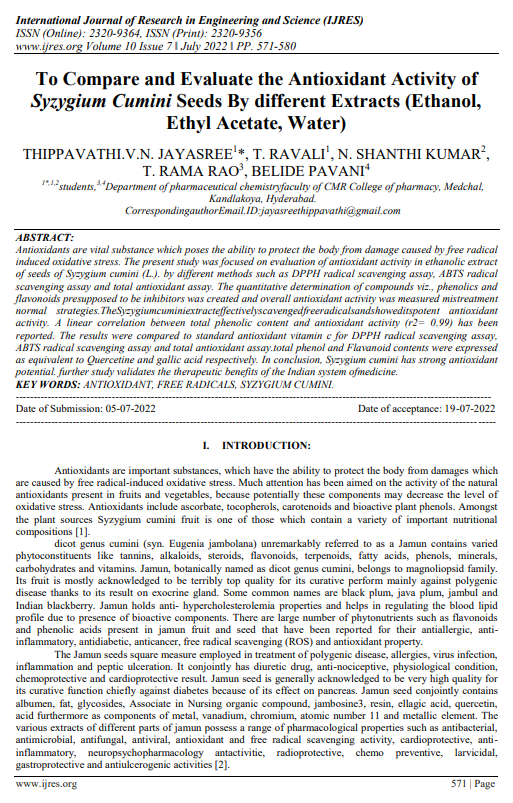 To Compare and Evaluate the Antioxidant Activity of Syzygium Cumini Seeds By different Extracts (Ethanol, Ethyl Acetate, Water)