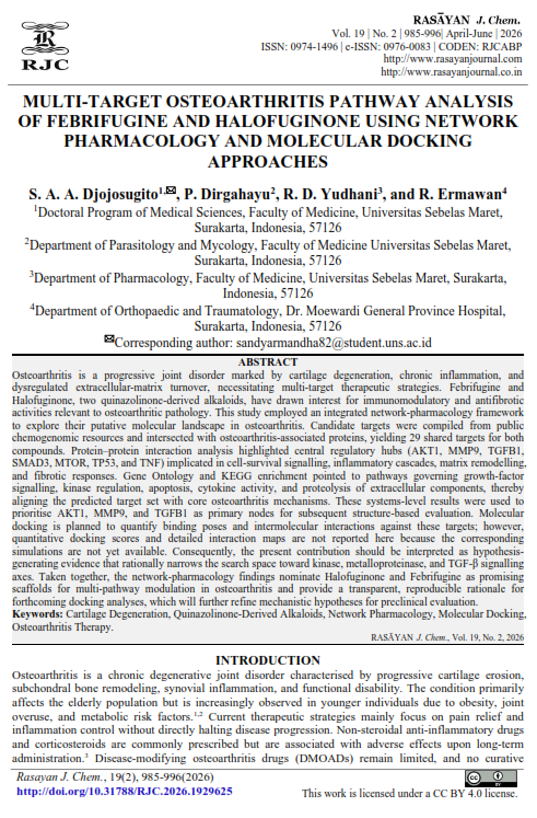MULTI-TARGET OSTEOARTHRITIS PATHWAY ANALYSIS OF FEBRIFUGINE AND HALOFUGINONE USING NETWORK PHARMACOLOGY AND MOLECULAR DOCKING APPROACHES