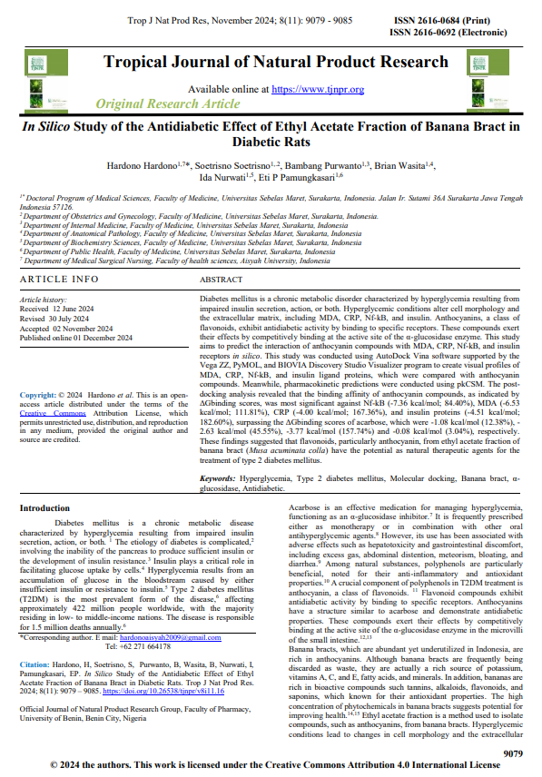 In Silico Study of the Antidiabetic Effect of Ethyl Acetate Fraction of Banana Bract in Diabetic Rats