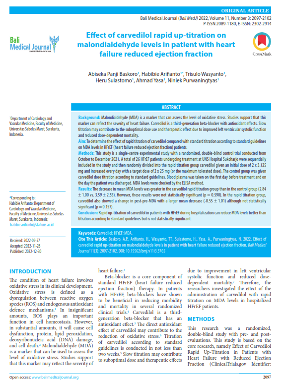 Effect of carvedilol rapid up-titration on malondialdehyde levels in patient with heart failure reduced ejection fraction