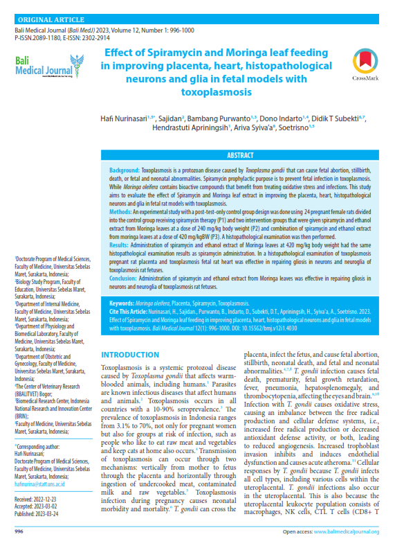 Effect of Spiramycin and Moringa leaf feeding in improving placenta, heart, histopathological neurons and glia in fetal models with toxoplasmosis