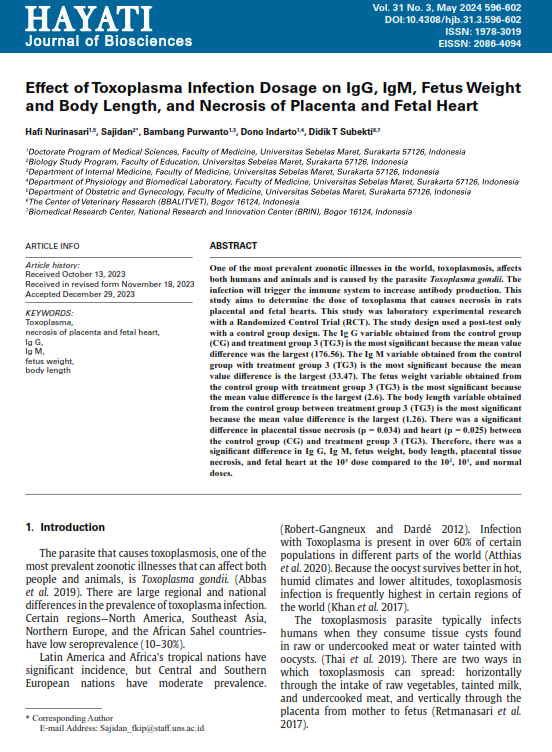 Effect of Toxoplasma Infection Dosage on IgG, IgM, Fetus Weight and Body Length, and Necrosis of Placenta and Fetal Heart