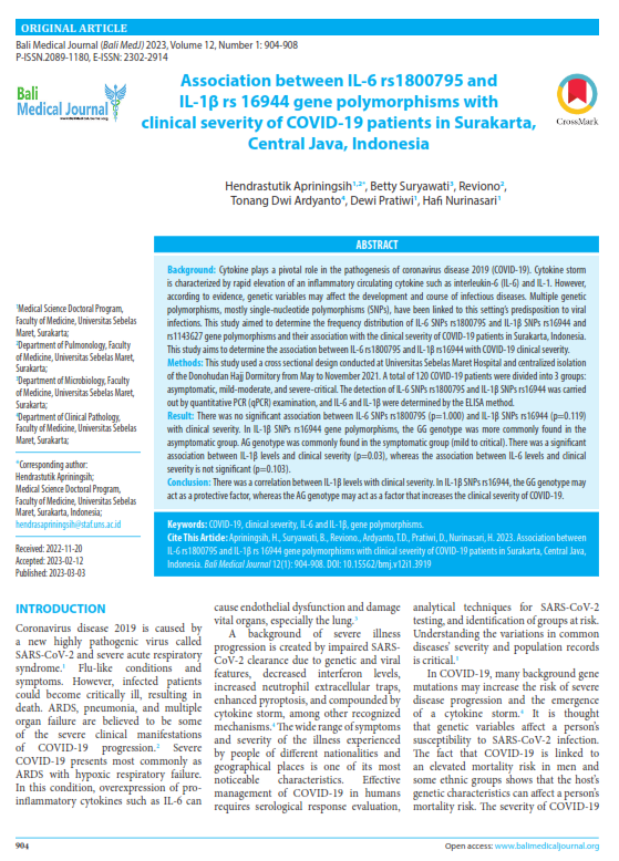 Association between IL-6 rs1800795 and IL-1β rs 16944 gene polymorphisms with clinical severity of COVID-19 patients in Surakarta, Central Java, Indonesia