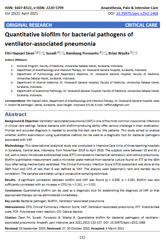 Quantitative biofilm for bacterial pathogens of ventilator-associated pneumonia