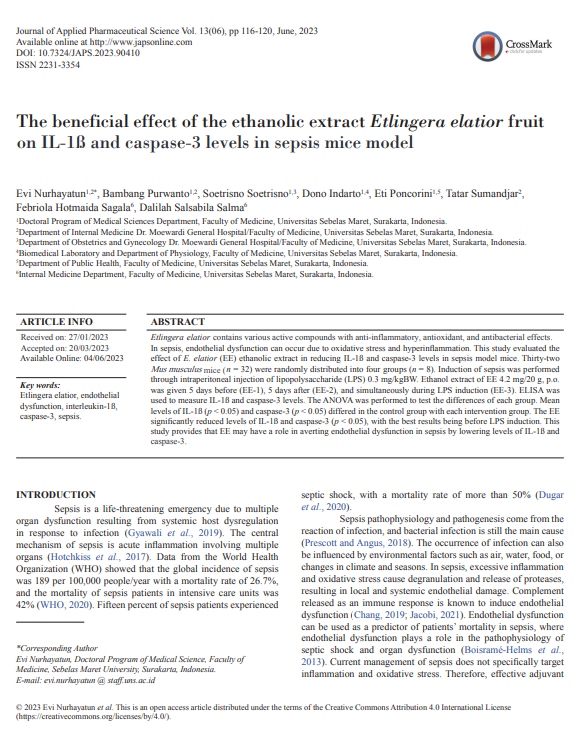 The beneficial effect of the ethanolic extract Etlingera elatior fruit on IL-1ß and caspase-3 levels in sepsis model mice