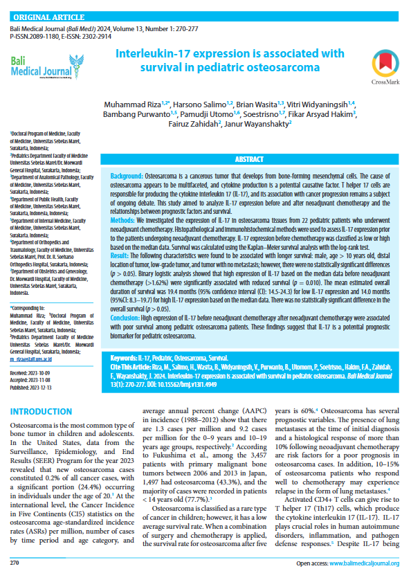 Interleukin-17 expression is associated with survival in pediatric osteosarcoma