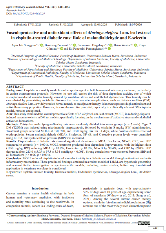 Vasculoprotective and antioxidant effects of Moringa oleifera Lam. leaf extract in cisplatin-treated diabetic rats: Role of malondialdehyde and E-selectin