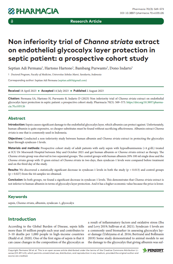 Non inferiority trial of Channa striata extract on endothelial glycocalyx layer protection in septic patient: a prospective cohort study