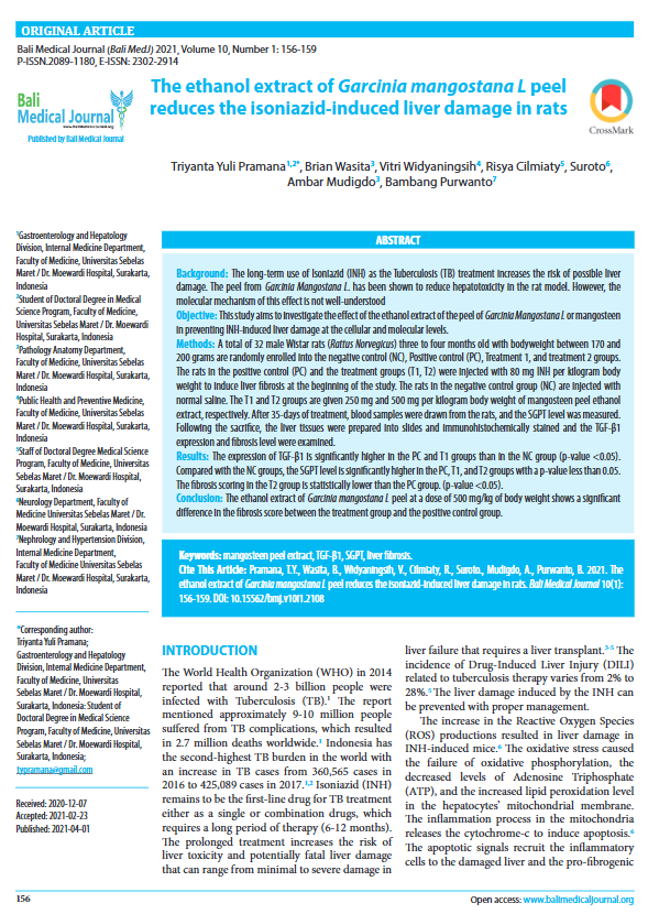 The ethanol extract of Garcinia mangostana L peel reduces the isoniazid-induced liver damage in rats