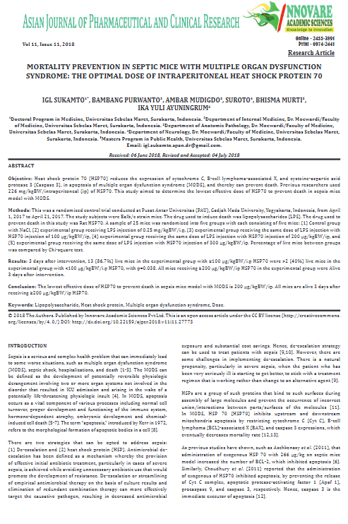 MORTALITY PREVENTION IN SEPTIC MICE WITH MULTIPLE ORGAN DYSFUNCTION SYNDROME: THE OPTIMAL DOSE OF INTRAPERITONEAL HEAT SHOCK PROTEIN 70