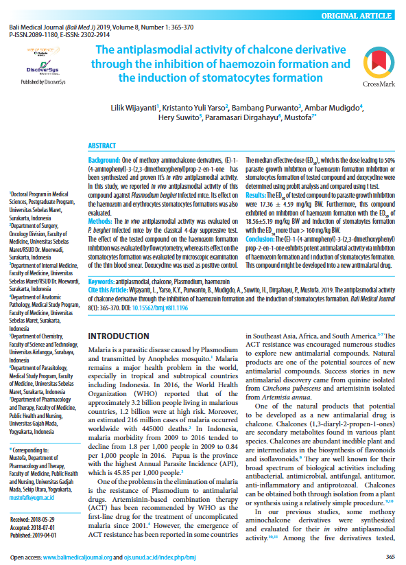 The antiplasmodial activity of chalcone derivative through the inhibition of haemozoin formation and the induction of stomatocytes formation