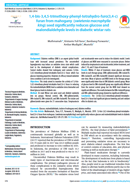 1,4-bis-3,4,5-trimethoxy-phenyl-tetrahydro-furo(3,4-c) furan from mahogany (swietenia macrophylla king) seed significantly reduces glucose and malondialdehyde levels in diabetic wistar rats