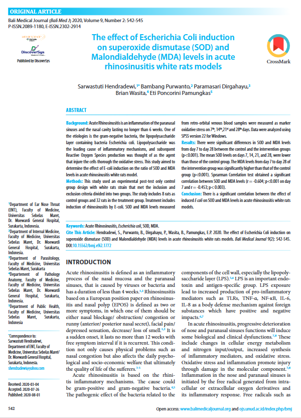 The effect of Escherichia Coli induction on superoxide dismutase (SOD) and Malondialdehyde (MDA) levels in acute rhinosinusitis white rats models