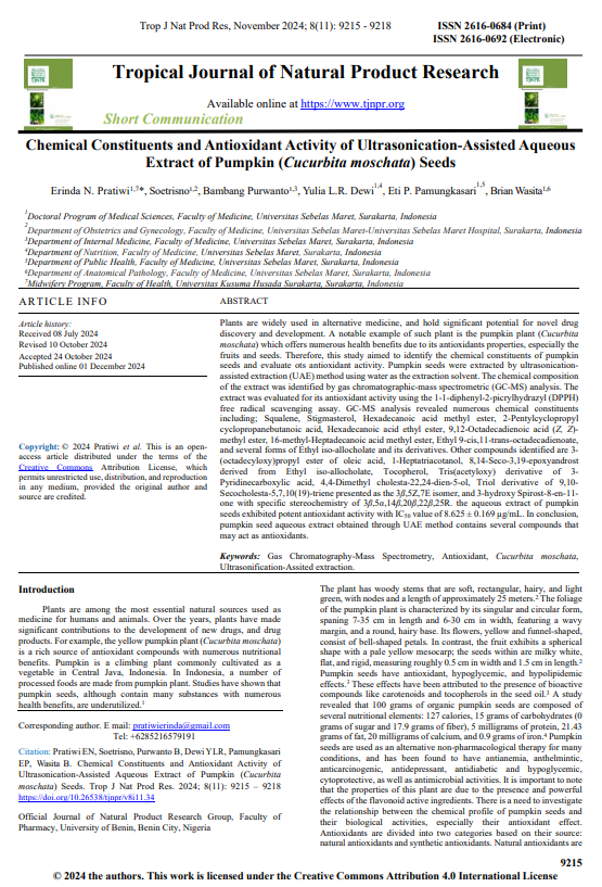 Chemical Constituents and Antioxidant Activity of Ultrasonication-Assisted Aqueous Extract of Pumpkin (Cucurbita moschata) Seeds