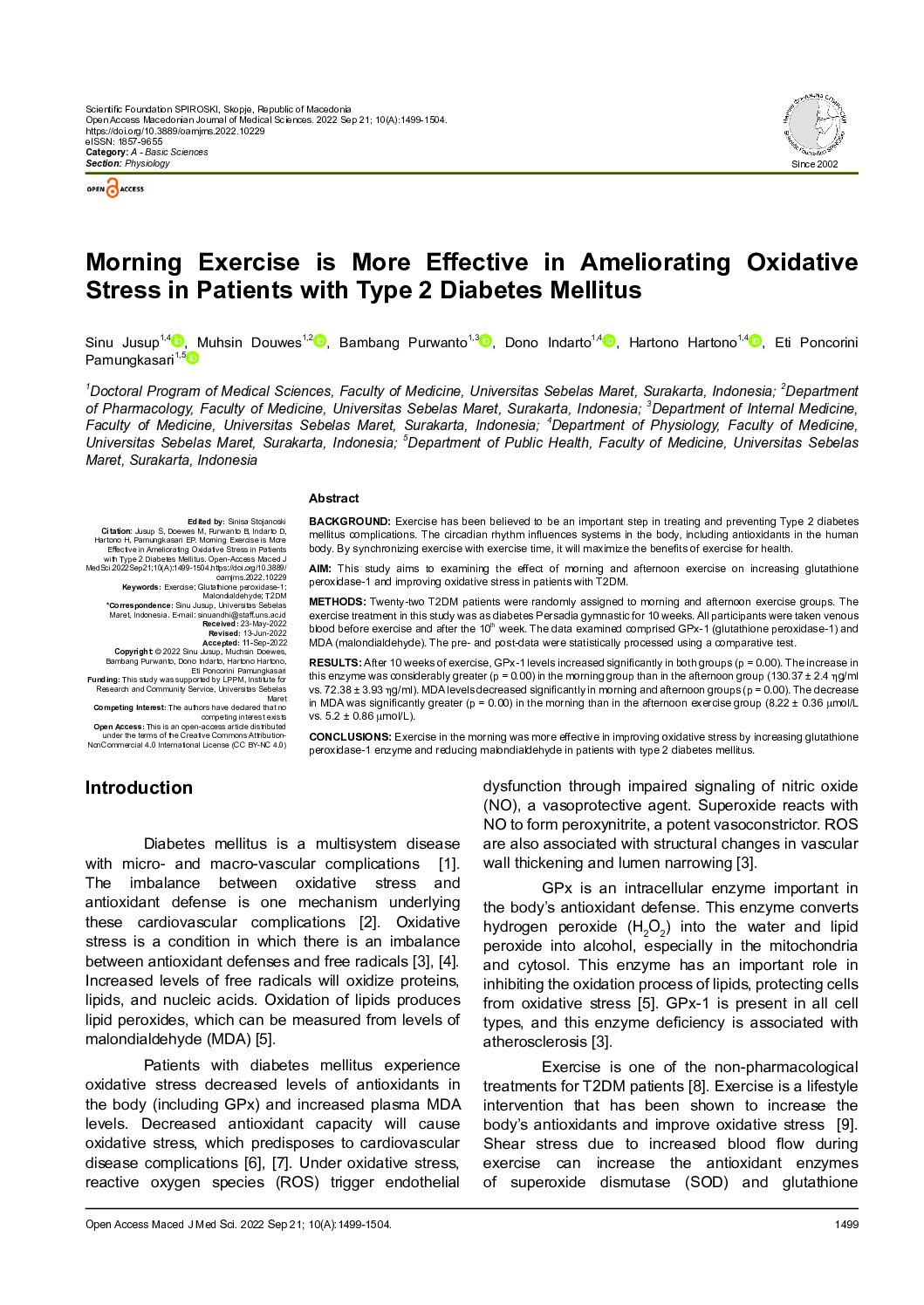 Morning Exercise is More Effective in Ameliorating Oxidative Stress in Patients with Type 2 Diabetes Mellitus